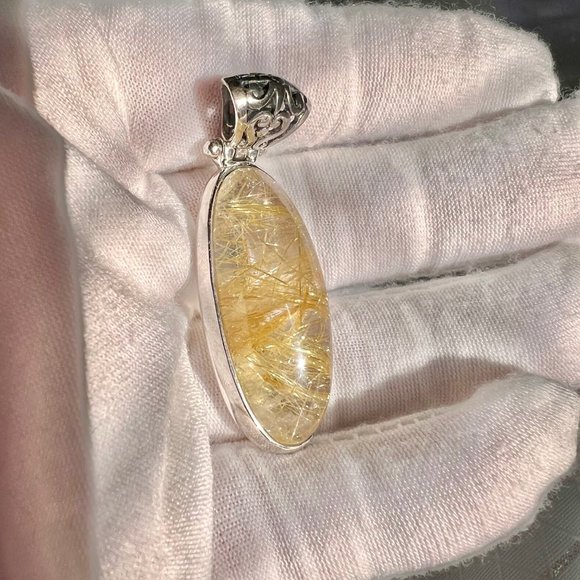 Vintage Rutilated Quartz Pendant, 925 Silver Necklace, Unisex Healing Jewelry - Picture 7 of 11